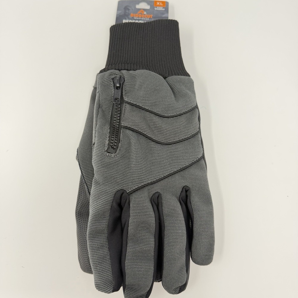 Ridgecut Gloves XL Textured Palm Zipper Pocket Cold Weather Black Gray NEW